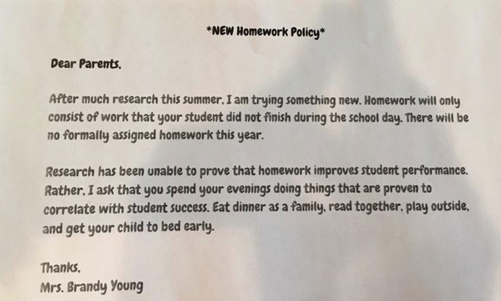 TEACHER'S 'NO HOMEWORK' POLICY GOES VIRAL